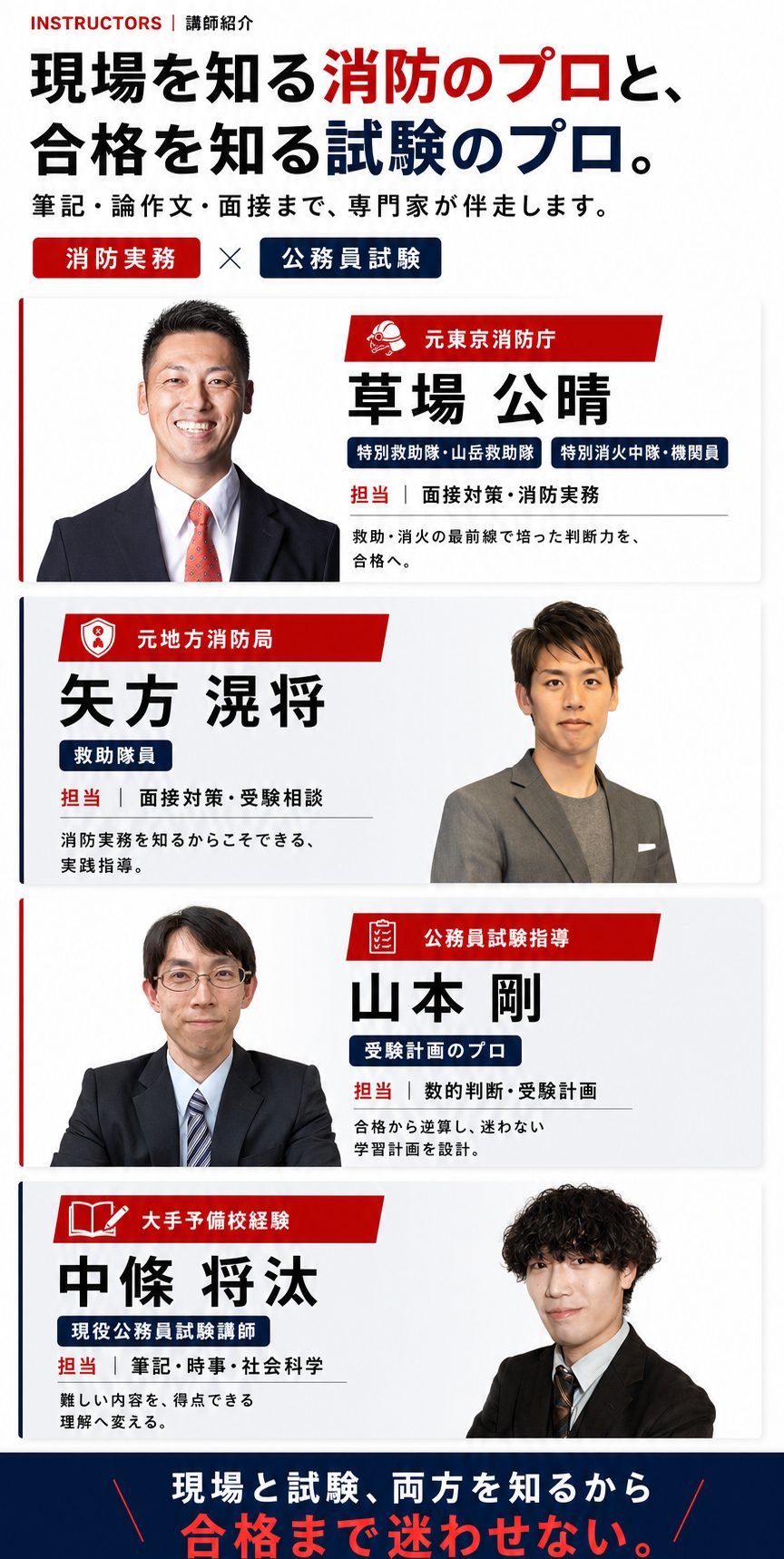 INSTRUCTORS 講師紹介 — 草場公晴（元東京消防庁・特別救助隊）、矢方滉将（元地方消防局・救助隊員）、山本剛（受験計画のプロ）、中條将汰（現役公務員試験講師）。